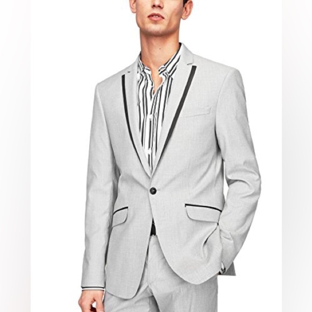 Zara Man Light Gray Suit Set  Black Trim Blazer + Pants  Size 42/W32  Sleek Fit